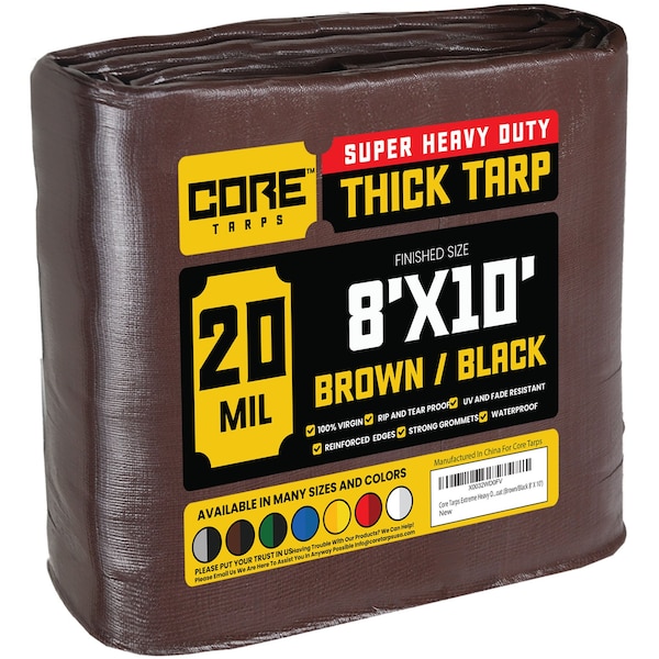Core Tarps Heavy Duty Tarp, 10 ft L x 0.5 mm H x 8 ft W, 20 Mil, Brown/Black, Polyethylene CT-702-8X10 - main